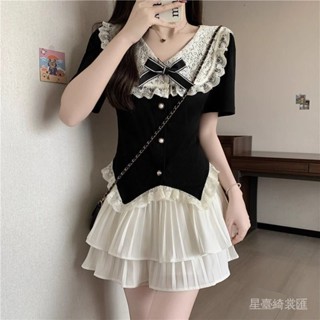 🌹【星臺綺裳匯】🌹蝴蝶結蕾絲拚接短款上衣女夏季韆金公主蛋糕裙百褶半身裙兩件套裝