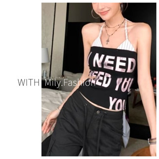 Milyfashion 甜心少女古著字母印花上衣女兩件套音樂節粉色真兩件掛脖背心吊帶女裝