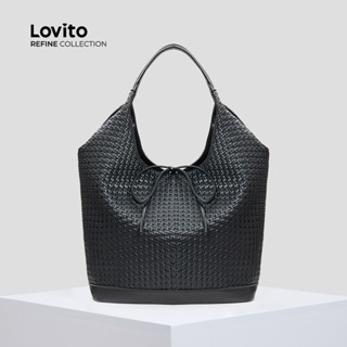 (Lovito Refine) 休閒素色拼色編織大容量通勤百搭蝴蝶結單肩托特包女士 LFAR11092