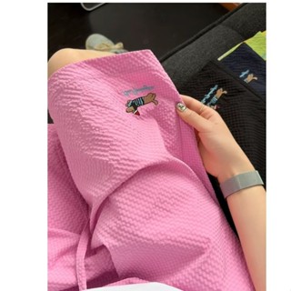 【HOT 本舖】男裝 藏青色臘腸狗刺繡泡泡紗短褲男夏季多巴胺冰絲五分六褲情侶沙灘褲