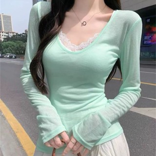 【HOT 本舖】 夏季純欲氣質v領天絲防曬慵懶長袖T恤上衣花邊美背性感