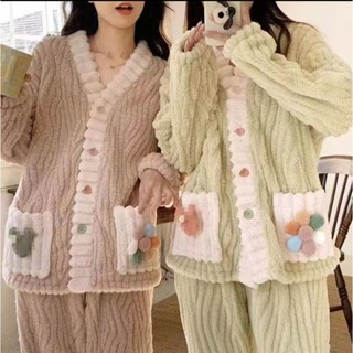 【臺灣出貨】彩虹開衫套裝傢居服女鞦鼕珊瑚絨睡衣大尺碼長款法蘭絨加厚保暖睡袍