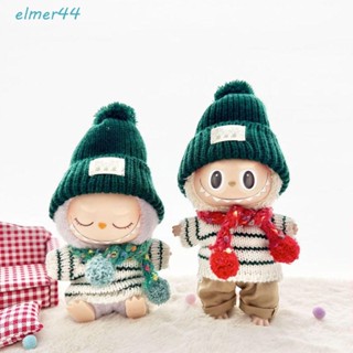 ELMER坐拉布布布,綠色條紋毛衣兔子帽Labubu時間娃娃的衣服,卡其色褲子收藏17公分毛絨娃娃衣服
