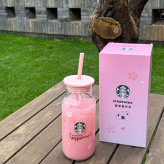 STARBUCKS 免費杯墊和手提包星巴克杯子可愛INS風格少女創意清新粉色櫻花牛奶咖啡玻璃水杯500ml