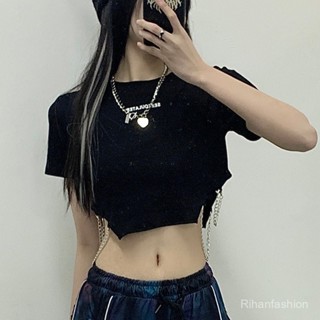 🖤新店特惠！新款T恤女黑色腰部側漏鏈條字母小印花露臍短袖上衣潮褲ins