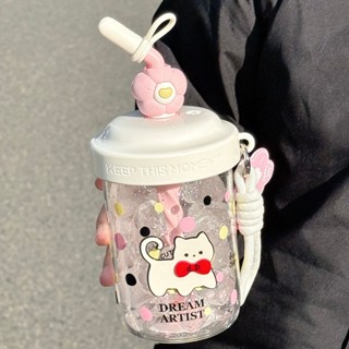 【24小時出貨-福建直髮臺灣】小貓吸管杯塑膠水杯高顏值創意手動可愛學生塑膠便攜少女攪拌杯