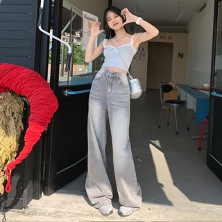 胖胖美依 牛仔褲 長褲 熱褲 S-2XL摩卡灰拖地垂感闊腿褲顯高顯瘦長褲復古波紋高腰牛仔褲-7496.
