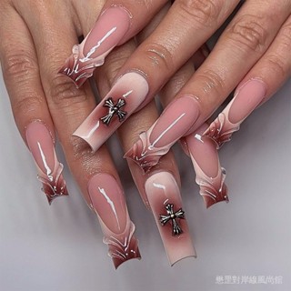ZFMH 秋冬新品法式3D美甲假指甲美拉德漸變穿戴甲甲片金屬十字架指甲片
