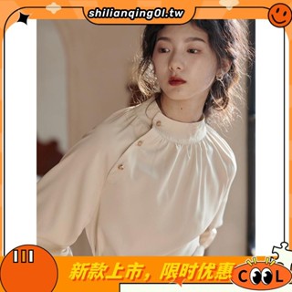 GHGl現貨實拍 國風通勤大碼襯衫 復古立領氣質斜扣襯衫 中式上衣 素色立領新中式秋冬長袖襯衫 法式緞面襯衫 女生衣