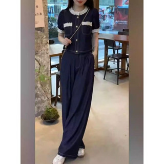 【奇奇樂百貨店】夏季高階感時尚小香風蕾絲花邊拚接軟牛仔上衣闊腿褲按兩件套