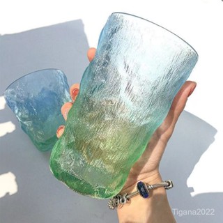冰川紋玻璃水杯高顔值ins漸變色磨砂日式杯透明咖啡杯子家用酒杯