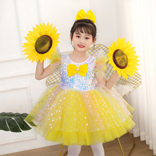 現貨新黃色蓬蓬公主裙花兒朵朵向太陽舞蹈服兒童表演服向日葵表演服