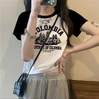 胖胖美依 短袖T卹 上衣 印花上衣 短上衣 S-2XL新款撞色拼接短袖t卹女圓領印花修身學院上衣-6776.