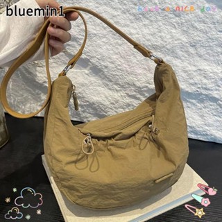 BLUEMIN斜背流浪包,尼龍純色褶皺抽繩單肩包,拉鍊輕的大容量粽子包
