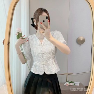 女式 2025 夏季輕質 V 領雪紡短款中式紐扣休閒日常時尚百搭襯衫上衣