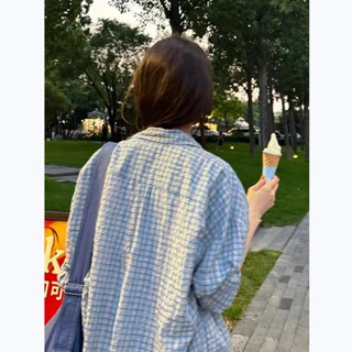 【HOT 本舖】 藍色格紋長袖防曬襯衫外套女2025夏款韓系慵懶風寬鬆襯衣chic上衣
