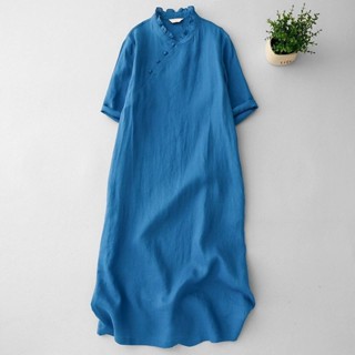 大尺碼女裝中式改良旗袍棉麻木耳邊立領中長洋裝