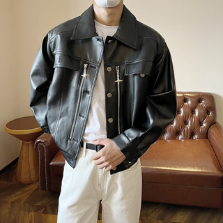秋高級感pu皮翻領素色拉鍊皮衣夾克男女復古寬鬆機車服外套6.5