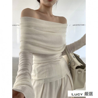 Lucy💕2937#法式一字領長袖針織打底衫女春季溫柔純欲風緊身顯瘦上衣