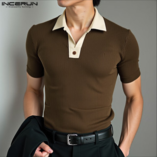 INCERUN 男士韓版時尚立領撞色短袖襯衫 Presale