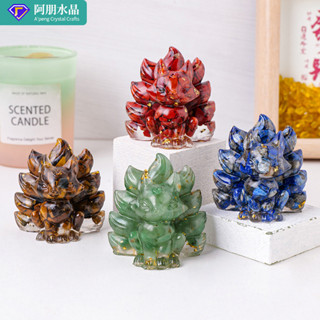 ✨ 天然水晶 工藝品 居家擺件 ✨天然水晶碎石滴膠九尾狐小擺件傢居辦公桌公仔擺件飾品禮物 TRSST