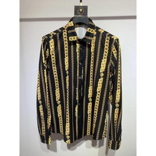 VERSACE1478 襯衫大尺碼時尚休閒男士襯衫緊身鎖鏈印花長袖襯衫