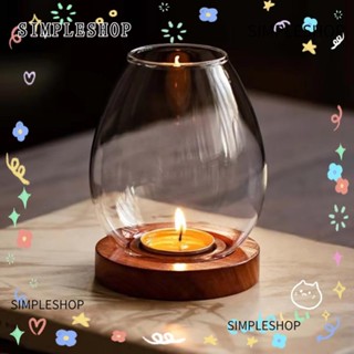 SIMPLESHOP 玻璃燭臺,透明空心燭臺,復古木底座圓形防風蠟燭杯罩婚禮派對