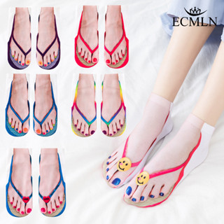 ECMLN 趣味人字拖 3D 列印短襪柔軟透氣女式船襪