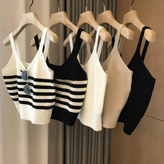 [VERNE FF]撞色背心 條紋上衣 針織吊帶 夏季外穿打底 女生背心 短款t恤 內搭修身上衣