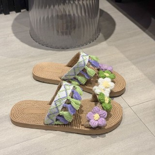 【時尚編織拖鞋】泰國旅遊度假流蘇亞麻平底草編鞋海邊可愛仙女一字拖鞋民族風涼鞋