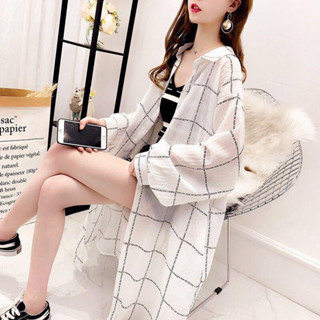 【Season Wardrobe】大碼中長款格子襯衫防曬衣女薄外套夏季新款寬鬆顯瘦百搭防曬襯衣