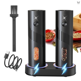 KYMQ-64C 電動研磨器套裝 2個一套 鹽和胡椒研磨器套裝帶充電底座 一鍵操作自動香料研磨器 可調整陶瓷磨芯 帶清潔