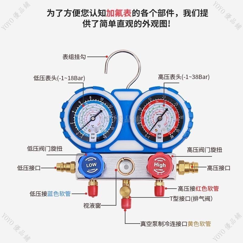 冷媒錶 套裝汽車空調加氟表汽車冷媒壓力表雙表閥R134a雪種空調加氟工具 專用雙表冷媒工具 壓力精準測量qct6r0