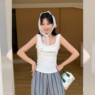 【HOT 本舖】 2025字母印花蕾絲邊白色吊帶背心女夏新款修身絕美小上衣