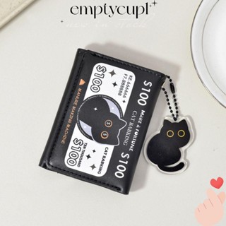 EMPTYCUP節日財富錢包,黑+白大容量皮革女士零皮夾,三重PU革CatBabking設計迷你皮夾