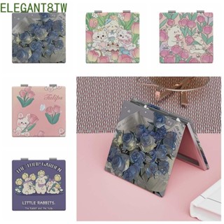 ELEGANT8TW折疊化妝鏡,玫瑰鬱金香圖案卡通貓便攜式口袋鏡,熊兔化妝鏡雙面可愛小鏡子放大鏡