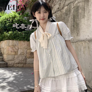 IELGY 蕾絲泡泡袖條紋襯衫女寬鬆休閒上衣