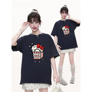 臺灣當天發貨！復古爆米花HelloKitty t恤重磅純棉短袖t恤女oversize t恤 韓版女裝 休閒上衣大尺碼上衣
