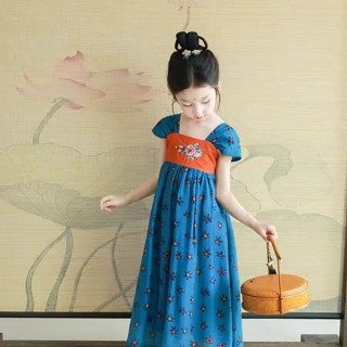 兒童旗袍女童夏裝 中國風新中式漢服碎花藍色洋裝上衣