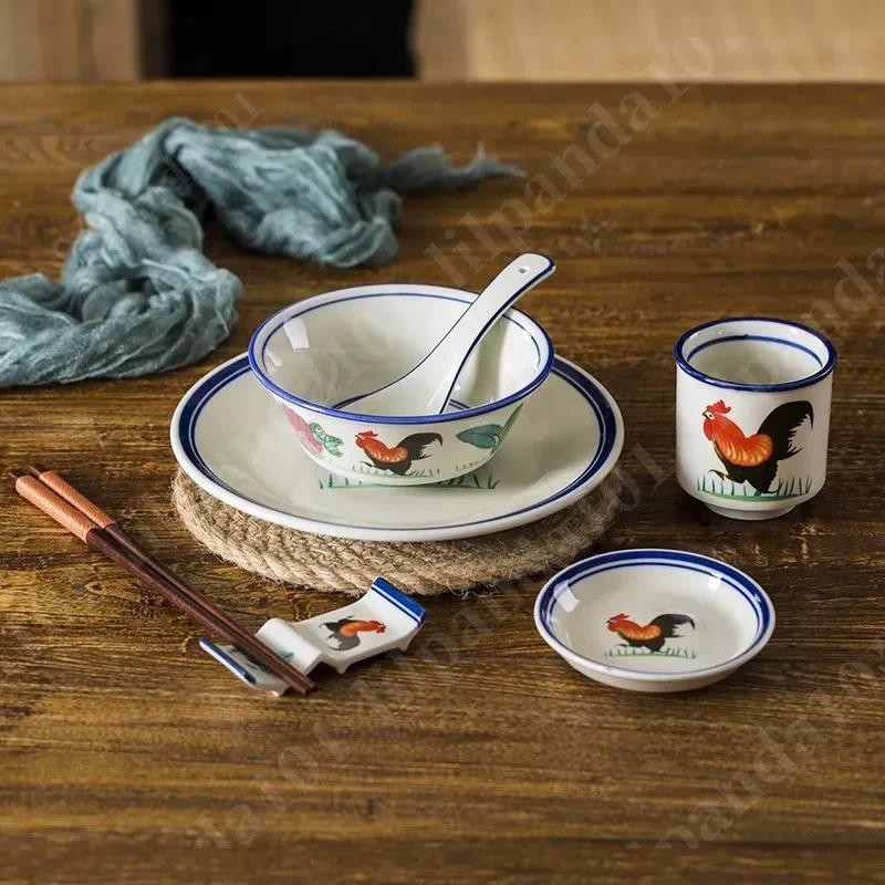 臺灣新品 中式青花瓷餐具 公雞碗 公雞碗碟組 陶瓷中式餐廳飯店擺臺火鍋店四件套公雞碗碟套裝酒店餐具擺臺 中式復古 中式餐