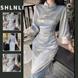 春秋女旗袍中式藍色刺繡修身復古連衣裙