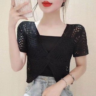 《現貨下單》夏季鏤空v領短袖針織衫女薄款防曬上衣搭配裙子寬鬆罩衫短版外搭