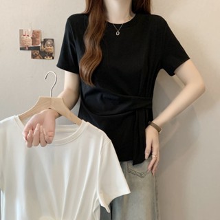 胖胖美依 上衣 短袖T卹 印花上衣 中大碼M-4XL新款別緻小心機設計短袖修身收腰顯瘦正肩上衣-7308.
