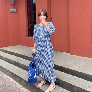【HOT 本舖】 韓系chic夏季法式田園風圓領露背系帶蝴蝶結撞色格子泡泡袖連衣裙