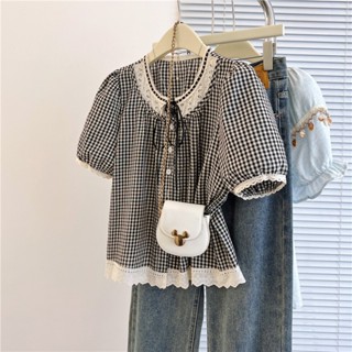 【奇奇樂百貨店】夏季女裝 上衣 設計感女裝 短袖 系帶蕾絲拼接 小衫 專櫃女裝 上衣 森系