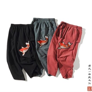 男士棉麻七分褲民族風復古刺繡百搭亞麻短褲透氣排汗寬褲寬褲燈籠褲哈倫褲束口褲寬褲垮褲蘿蔔褲大尺碼男褲子潮牌