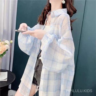PIPILULU.KIDS薄款防曬格子襯衫女中長款夏季2025新款寬鬆透氣休閒空調開衫上衣百搭歐美新款舒適韓版 2025