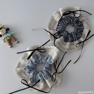 🚚臺灣出貨💫 精緻氛圍感韓國撞色條紋刺繡蕾絲邊肥腸圈 絲帶蝴蝶結髮圈 耐用頭繩 大腸髮圈 髮飾髮圈 橡皮筋 髮帶