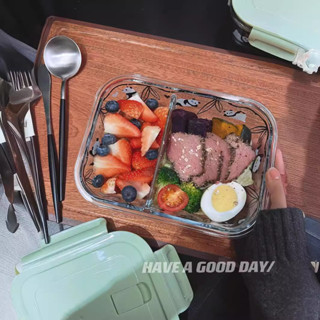 熊貓玻璃食品儲物容器高硼矽痠鹽水果收納盒帶蓋密封隔間辦公室午餐盒微波爐安全