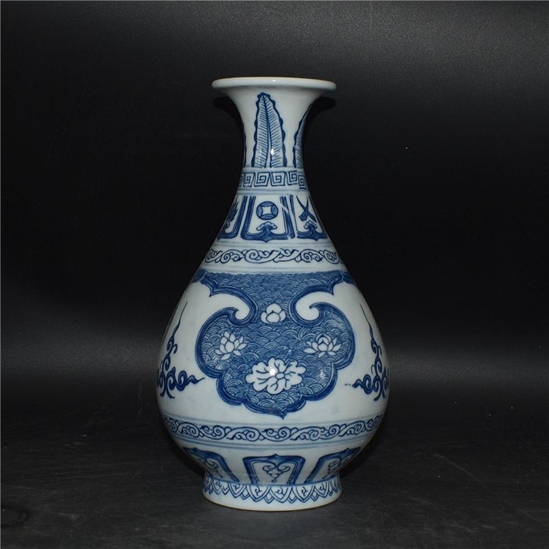 景德鎮廠陶瓷仿古元青花福壽玉壺春花瓶仿古瓷器景德鎮廠陶瓷仿古元青花福壽玉壺春花瓶古玩瓷器水養插花擺件LYJ25.6.11